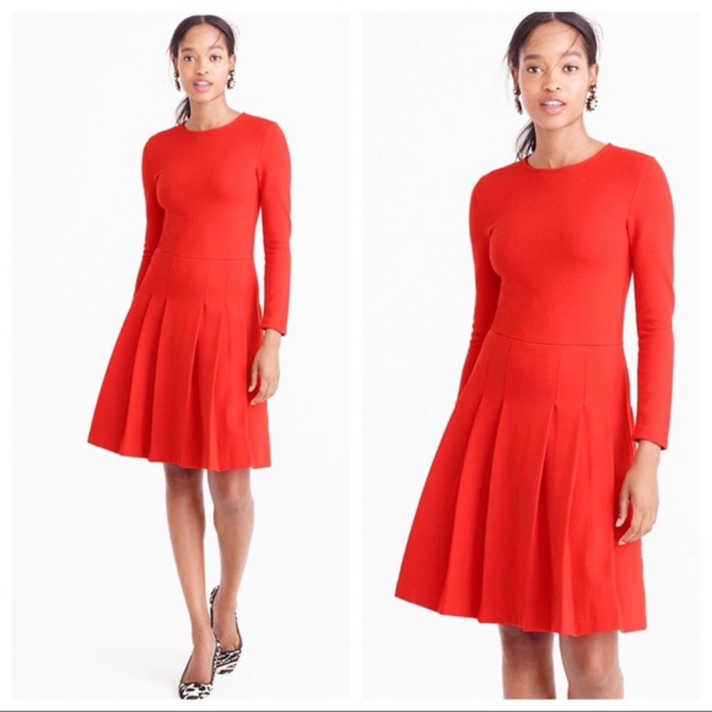J. CREW PLEATED PONTE RED MIDI LONG SLEEVE DRESS